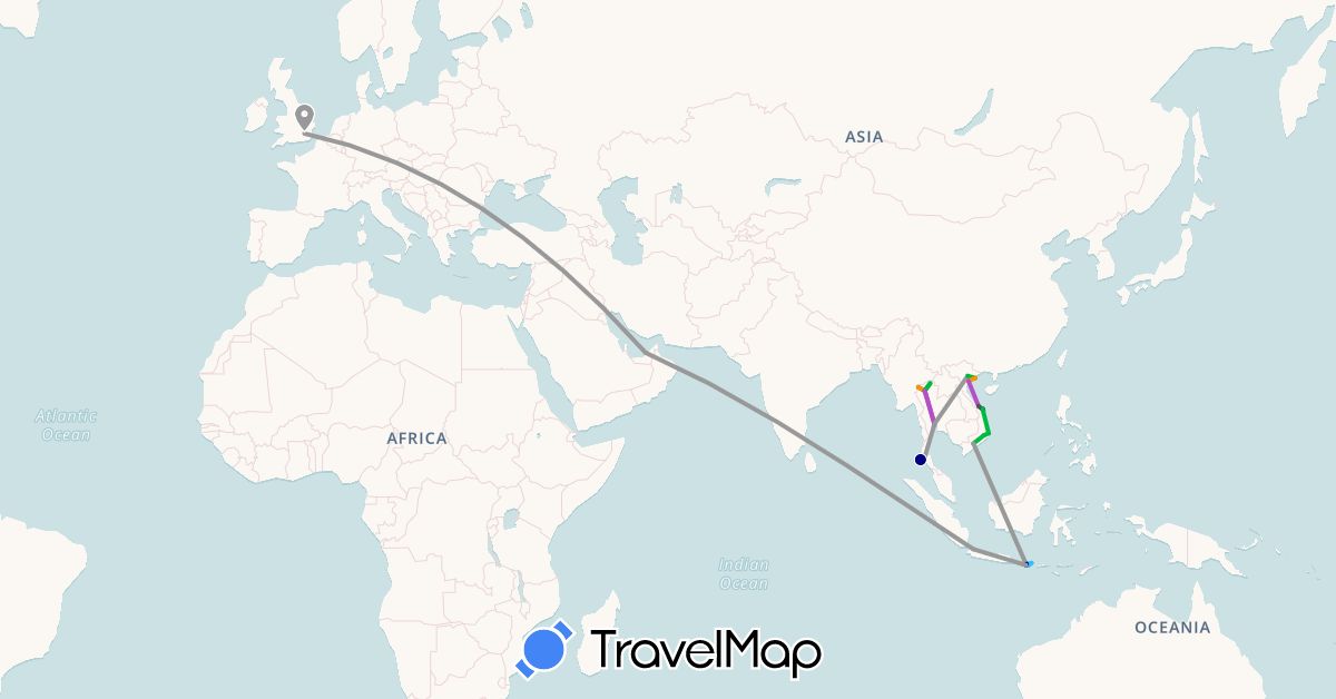 TravelMap itinerary: driving, bus, plane, train, boat, hitchhiking, motorbike in United Arab Emirates, United Kingdom, Indonesia, Thailand, Vietnam (Asia, Europe)